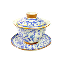 Weißer Jingdezhen Gaiwan mit blauen Lotusblüten-Ornamenten und Untersetzer, handgefertigt aus Keramik (170 ml)