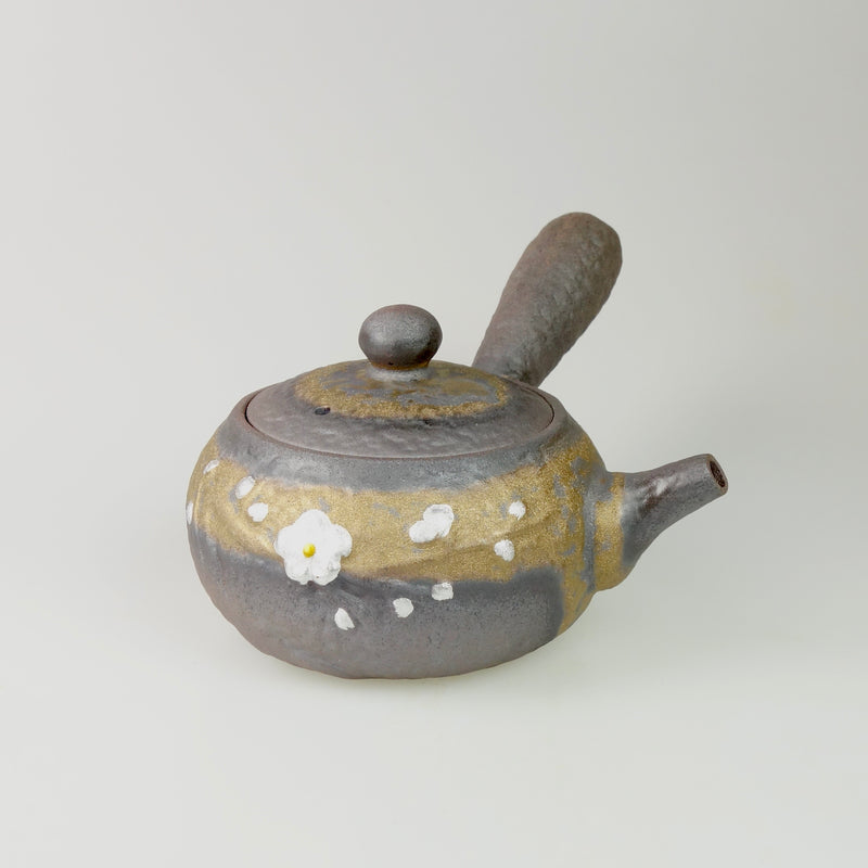 Japanische Kyusu Ton-Teekanne, Seitenansicht mit Blumen Ornamenten