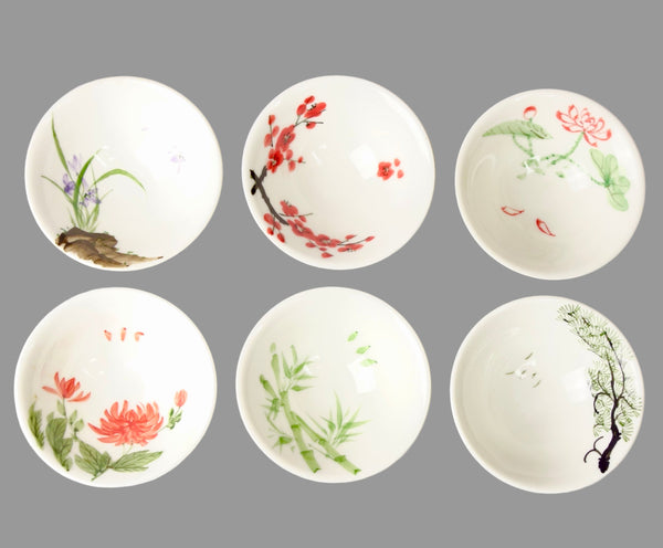 Handbemalte asiatische  Kermanik Teeschalen in sechs verschiedenen Ausführungen