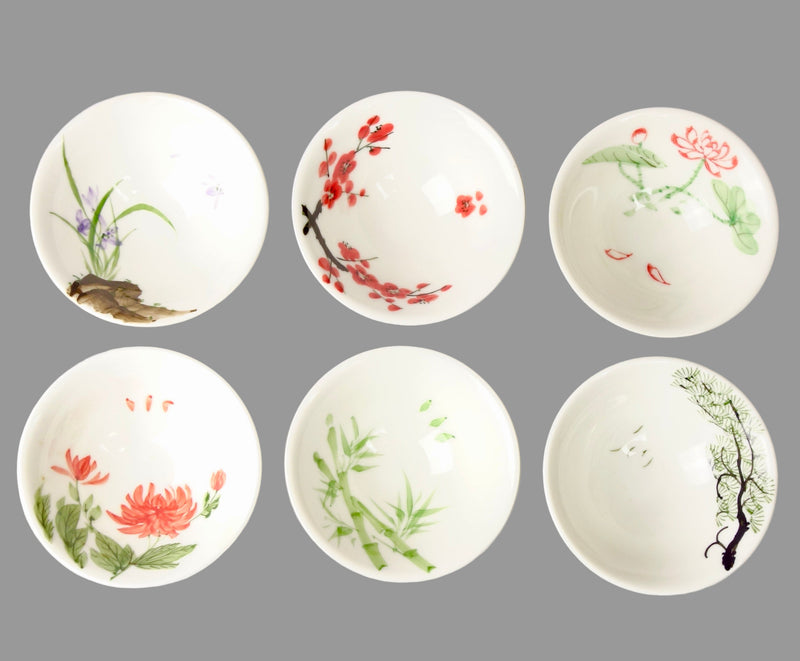 Handbemalte asiatische  Kermanik Teeschalen in sechs verschiedenen Ausführungen